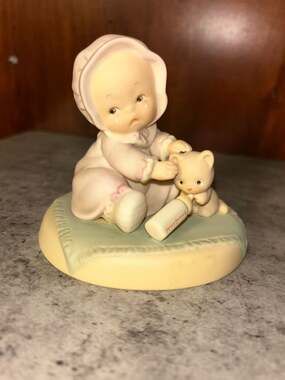 Enesco Memories of Yesterday Bless Em Baby Girl with Cat and Bottle Figurine
